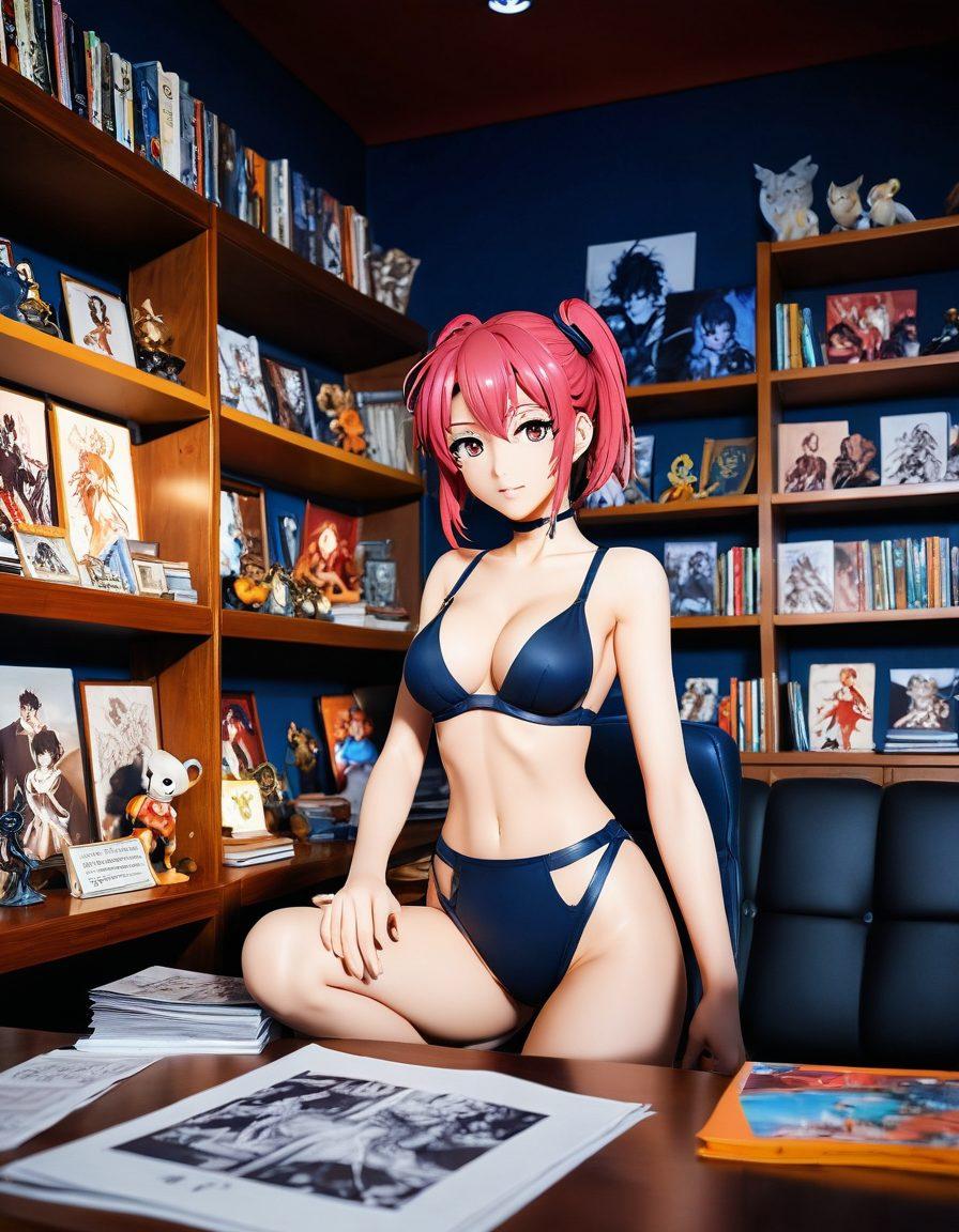 A captivating scene depicting an intricate and colorful animation studio, filled with vivid artwork of diverse anime characters in seductive poses, surrounded by sketches and storyboards. Include soft lighting that enhances the alluring atmosphere, with anime figurines on display and a digital screen featuring animated scenes. The overall ambiance should evoke curiosity and creativity within the world of hentai. vibrant colors. dynamic composition. 3D style.