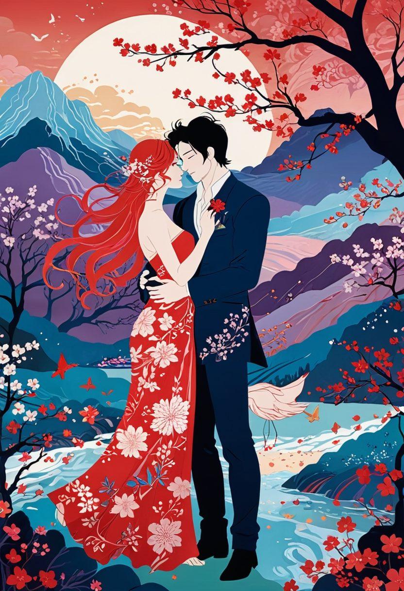 A vibrant, hand-drawn scene showcasing an intricate fusion of erotica and animation, featuring stylized characters in a dynamic, passionate embrace. Include elements of classic Japanese art blended with modern anime aesthetics, surrounded by swirling, colorful elements symbolizing creativity and fantasy. The background should depict a whimsical landscape that reflects the worlds of both erotica and animation, with playful details peeking through. Ensure the color palette is bold and eye-catching, evoking a sense of allure. colorful, whimsical, illustrative.